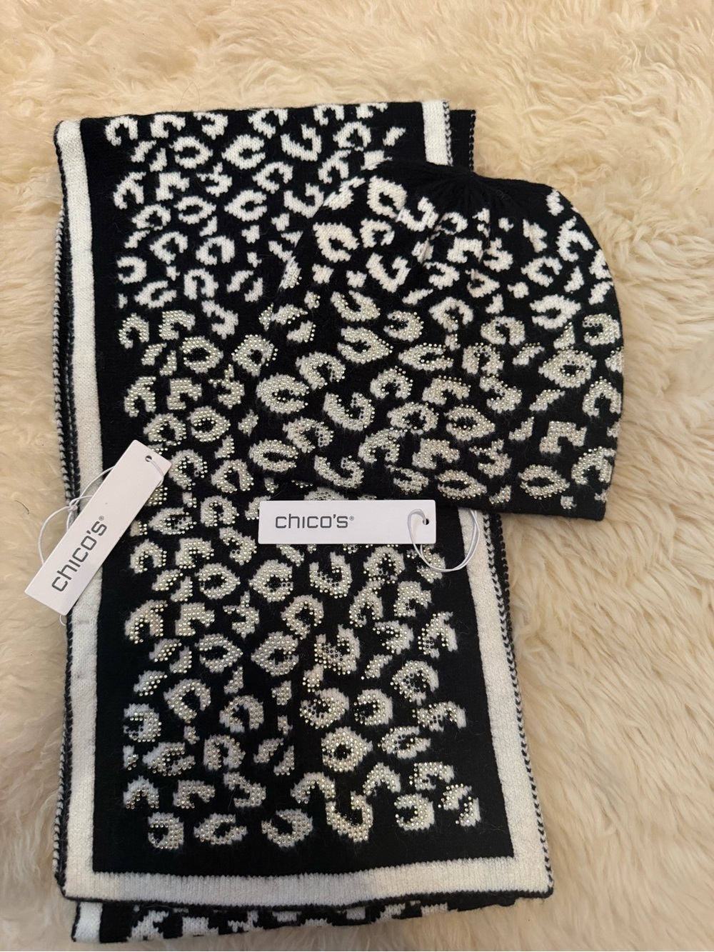 Chico's Black&White Leopard Beanie & Scarf - Picture 7 of 7